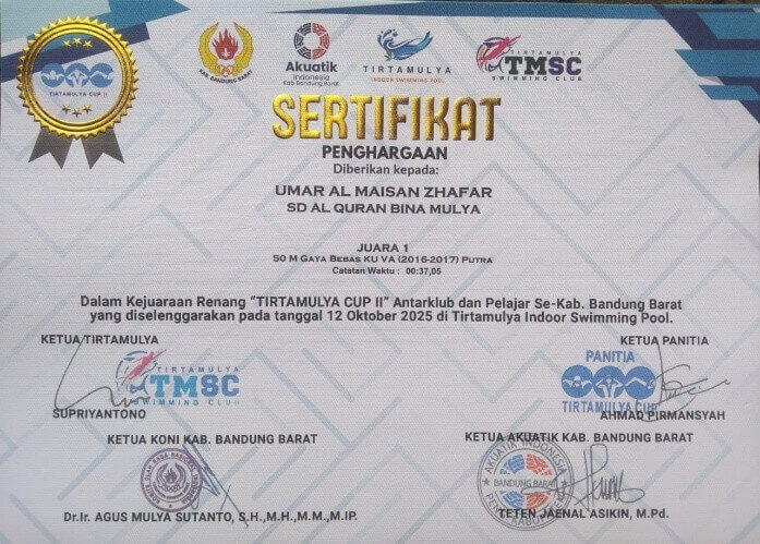 Zhafar, Siswa SDQ Binamulya Meraih Juara Perenang Terbaik KU VA Putra Pada Kejuaraan “TIRTAMULYA CUP II” 2025